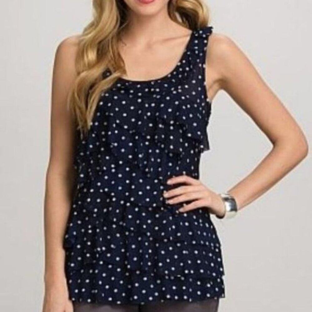 Roz & ALI Shirt Women's Small Navy Blue Tiered Ruffle Blouse & White Polka Dots